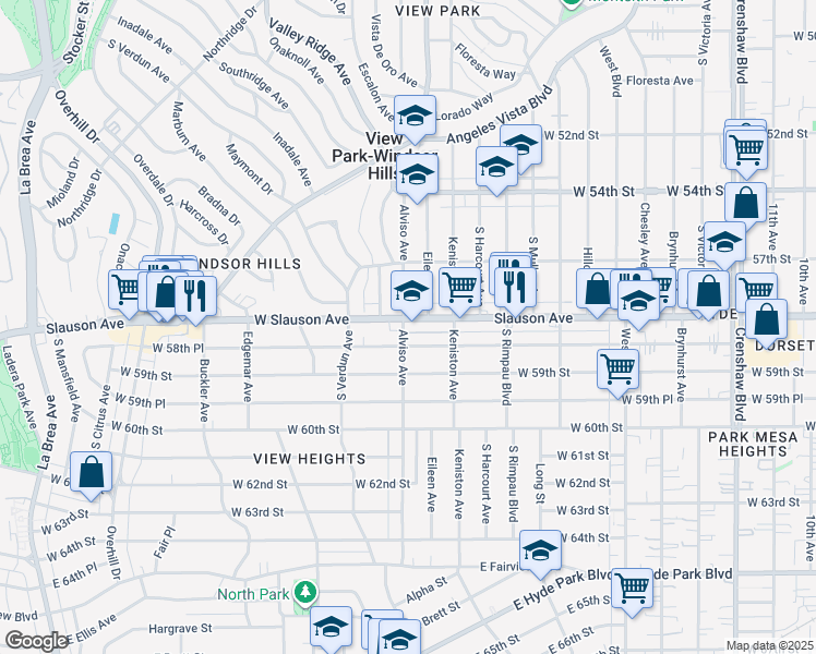 map of restaurants, bars, coffee shops, grocery stores, and more near 3956 West Slauson Avenue in Los Angeles