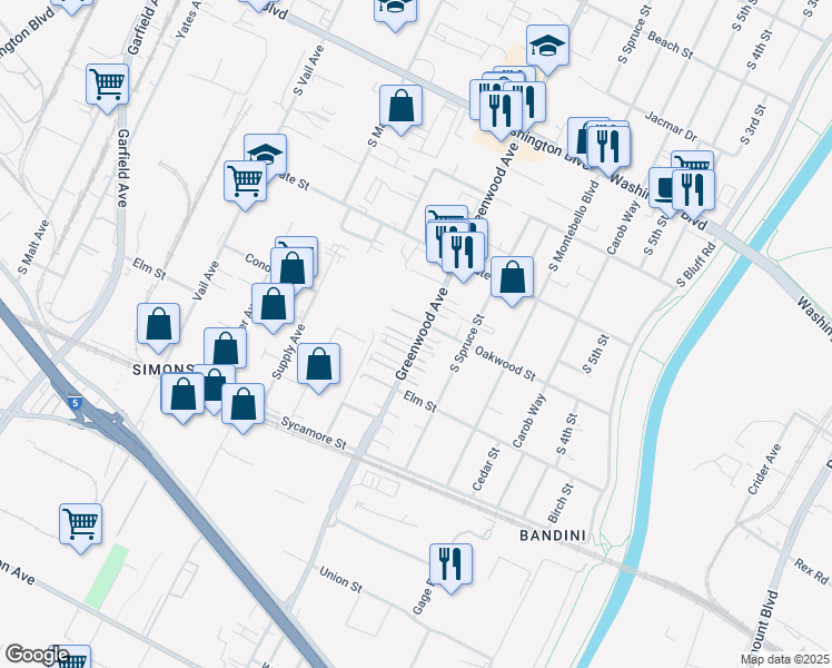 map of restaurants, bars, coffee shops, grocery stores, and more near 1301 South Greenwood Avenue in Montebello