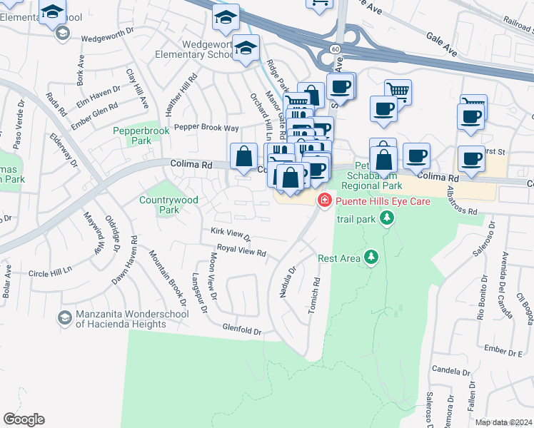 map of restaurants, bars, coffee shops, grocery stores, and more near 17052 Colima Road in Hacienda Heights