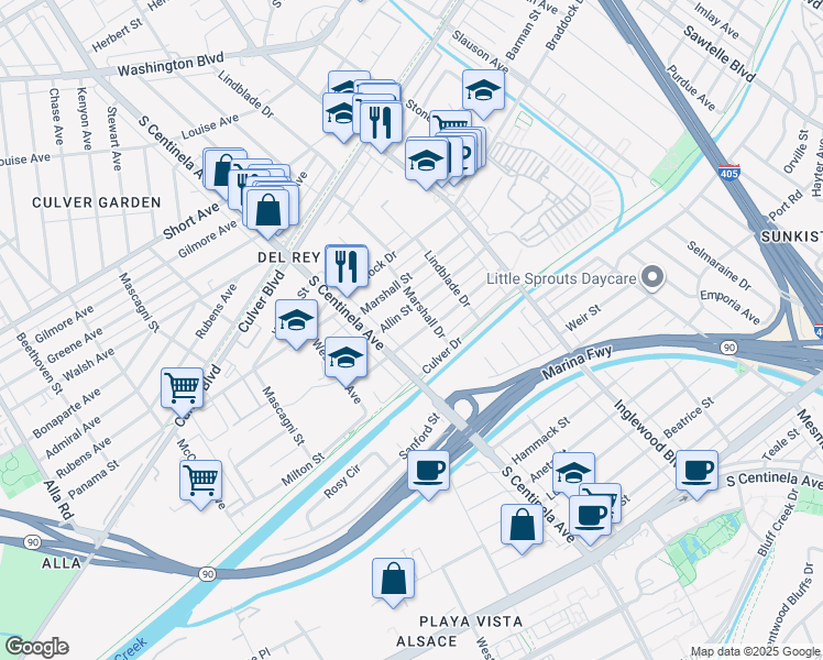 map of restaurants, bars, coffee shops, grocery stores, and more near 12309 Havelock Avenue in Culver City