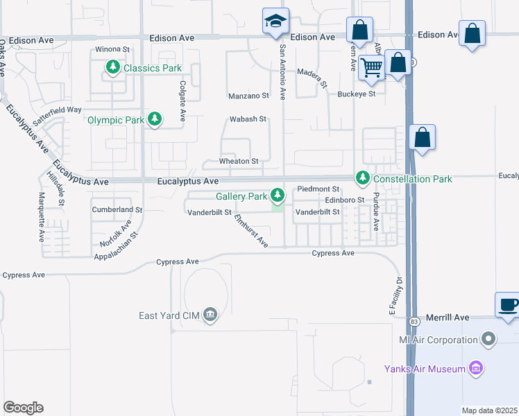 map of restaurants, bars, coffee shops, grocery stores, and more near 6642 Vanderbilt Street in Chino