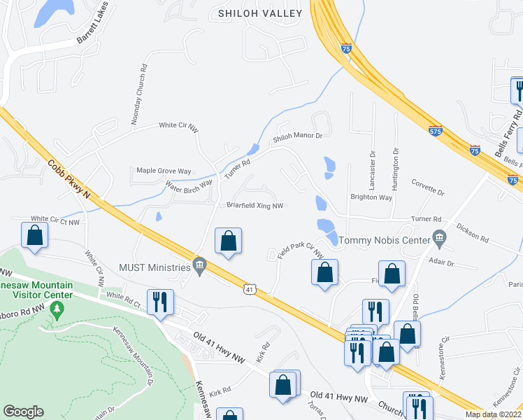 map of restaurants, bars, coffee shops, grocery stores, and more near 507 Briarfield Crossing Northwest in Marietta