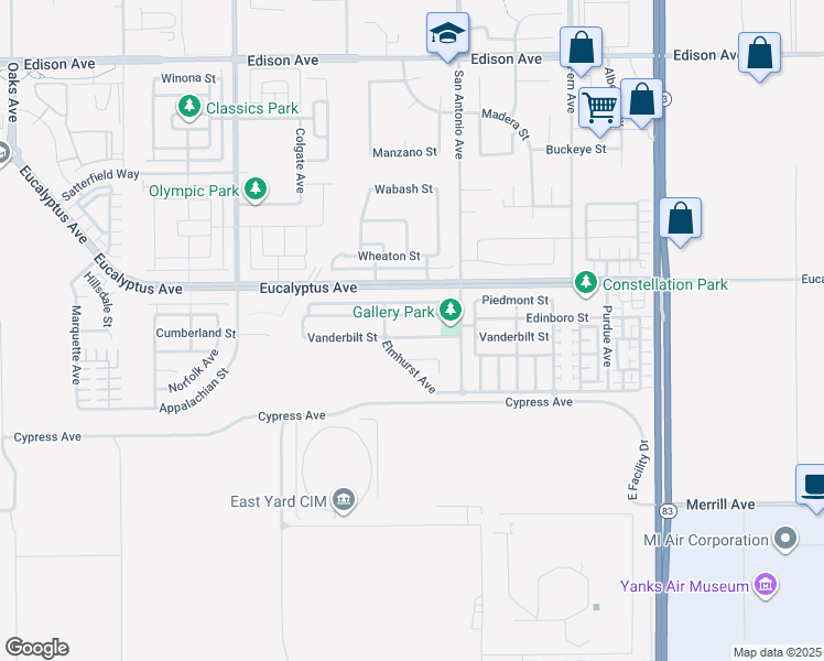 map of restaurants, bars, coffee shops, grocery stores, and more near 6642 Vanderbilt Street in Chino