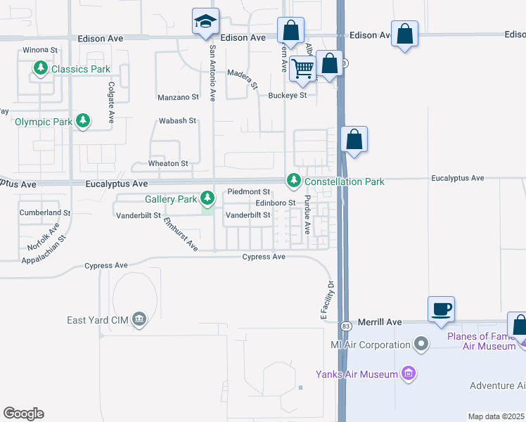 map of restaurants, bars, coffee shops, grocery stores, and more near 6860 Vanderbilt Street in Chino