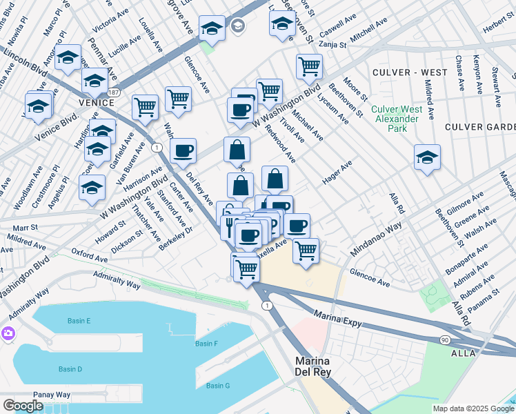 map of restaurants, bars, coffee shops, grocery stores, and more near 4141 Glencoe Avenue in Los Angeles