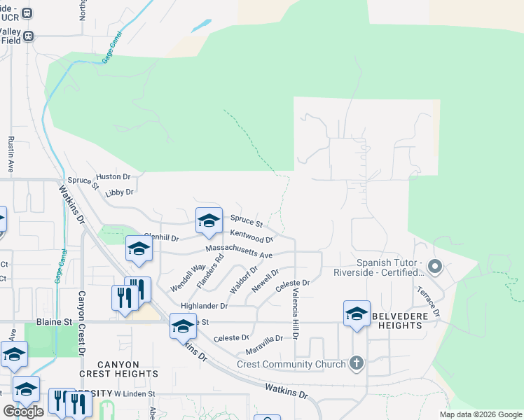 map of restaurants, bars, coffee shops, grocery stores, and more near 2530 Thayer Court in Riverside