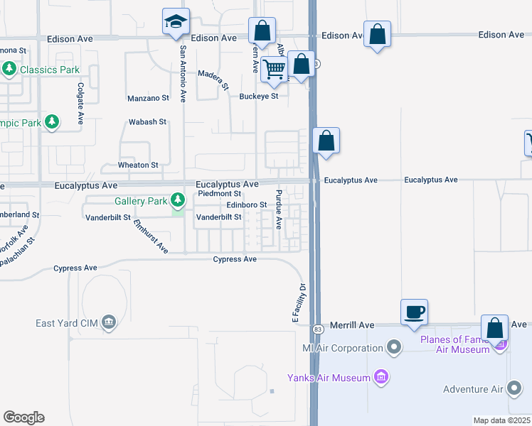 map of restaurants, bars, coffee shops, grocery stores, and more near 6939 Geneva Street in Chino