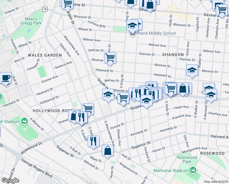 map of restaurants, bars, coffee shops, grocery stores, and more near 304 South Harden Street in Columbia