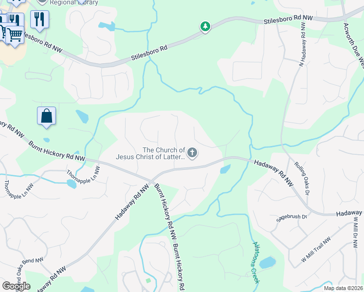 map of restaurants, bars, coffee shops, grocery stores, and more near 1310 Dungan Drive Northwest in Kennesaw