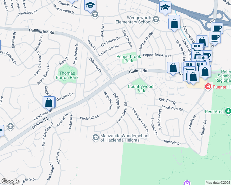 map of restaurants, bars, coffee shops, grocery stores, and more near 2238 Oldridge Drive in Hacienda Heights