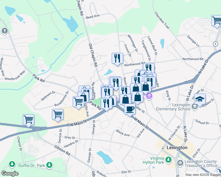 map of restaurants, bars, coffee shops, grocery stores, and more near 116 Old Chapin Road in Lexington