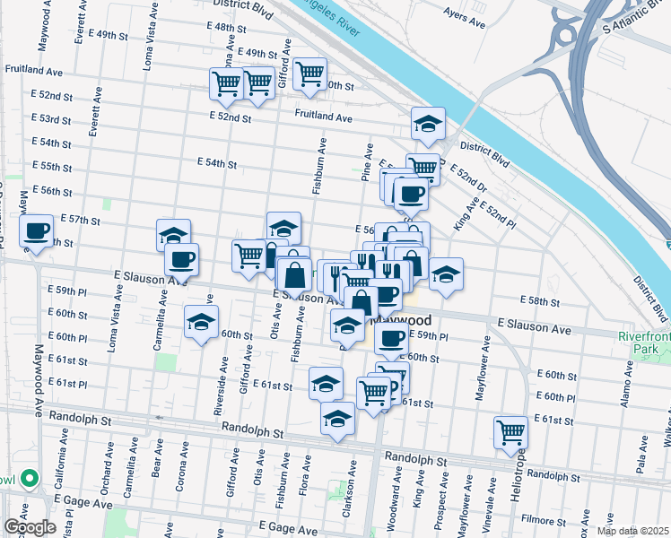 map of restaurants, bars, coffee shops, grocery stores, and more near 4339 East 58th Street in Maywood