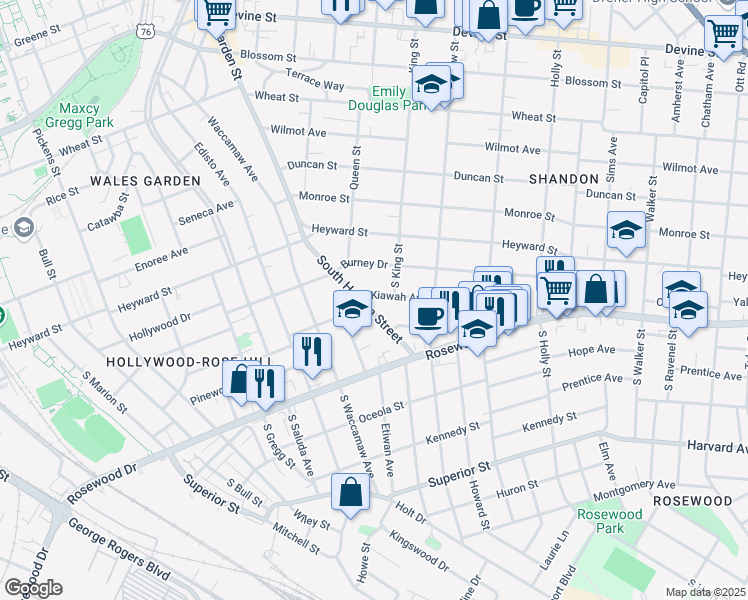 map of restaurants, bars, coffee shops, grocery stores, and more near 304 South Harden Street in Columbia