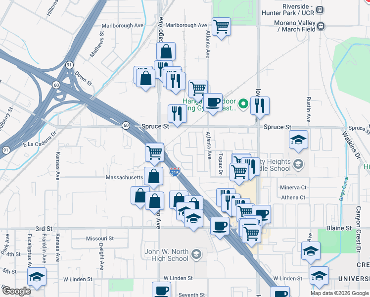 map of restaurants, bars, coffee shops, grocery stores, and more near 134 Sir Damas Drive in Riverside