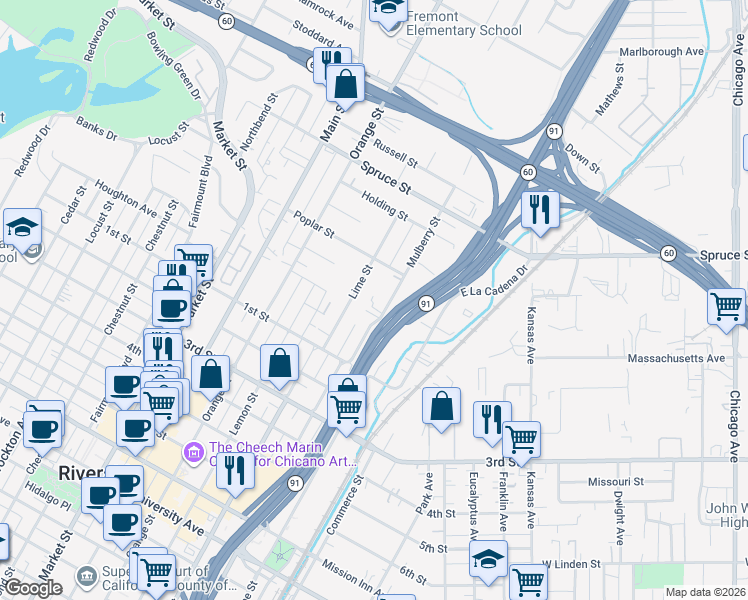 map of restaurants, bars, coffee shops, grocery stores, and more near 2890 Lime Street in Riverside