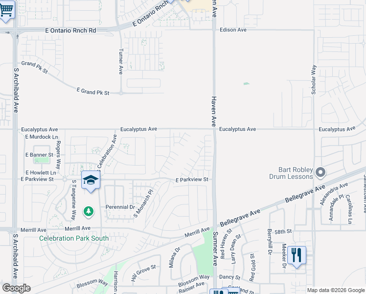 map of restaurants, bars, coffee shops, grocery stores, and more near 10333 Eucalyptus Avenue in Ontario