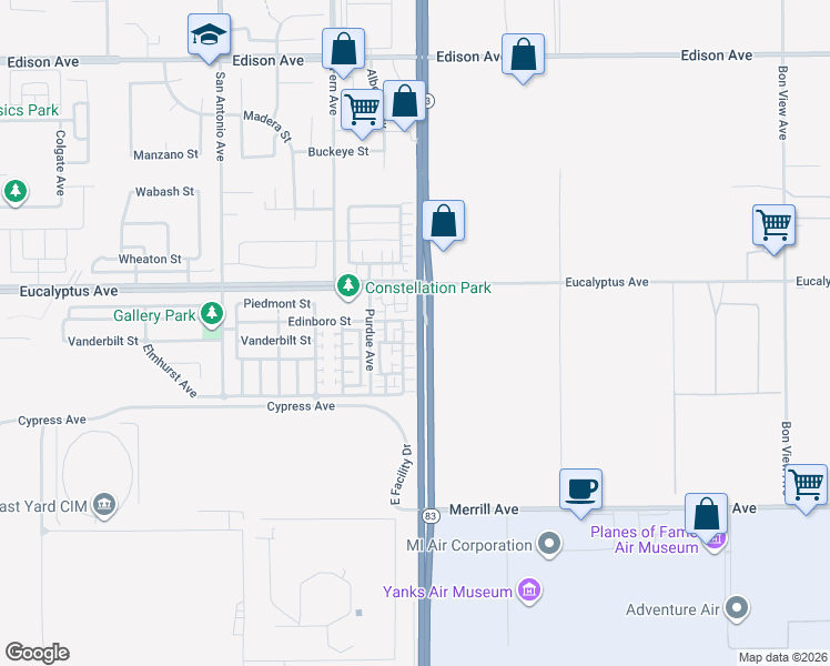 map of restaurants, bars, coffee shops, grocery stores, and more near 14555 Longwood Avenue in Chino