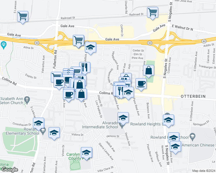 map of restaurants, bars, coffee shops, grocery stores, and more near 1675 Avenue A in Rowland Heights