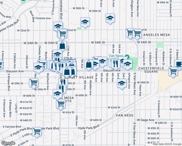 map of restaurants, bars, coffee shops, grocery stores, and more near 5818 8th Avenue in Los Angeles