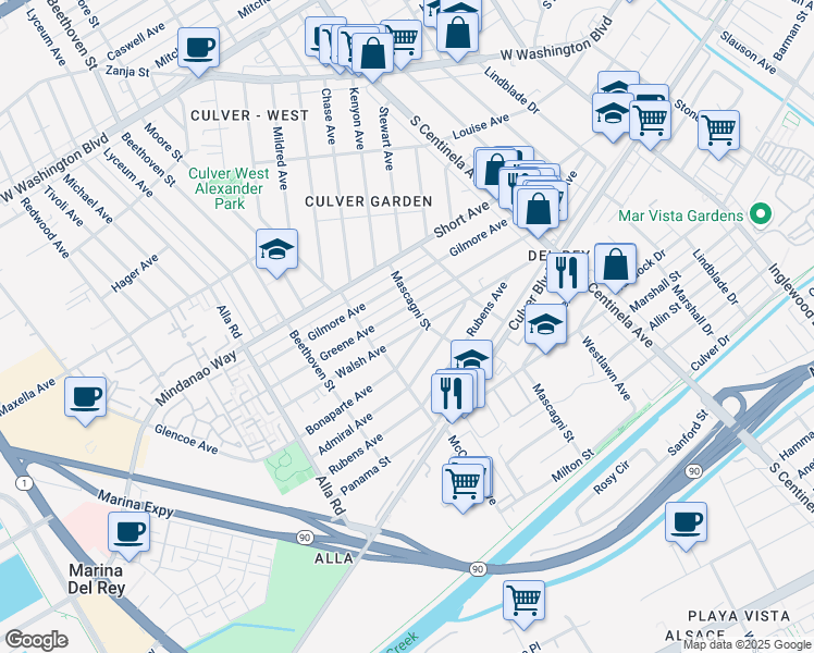 map of restaurants, bars, coffee shops, grocery stores, and more near 12610 Walsh Avenue in Los Angeles