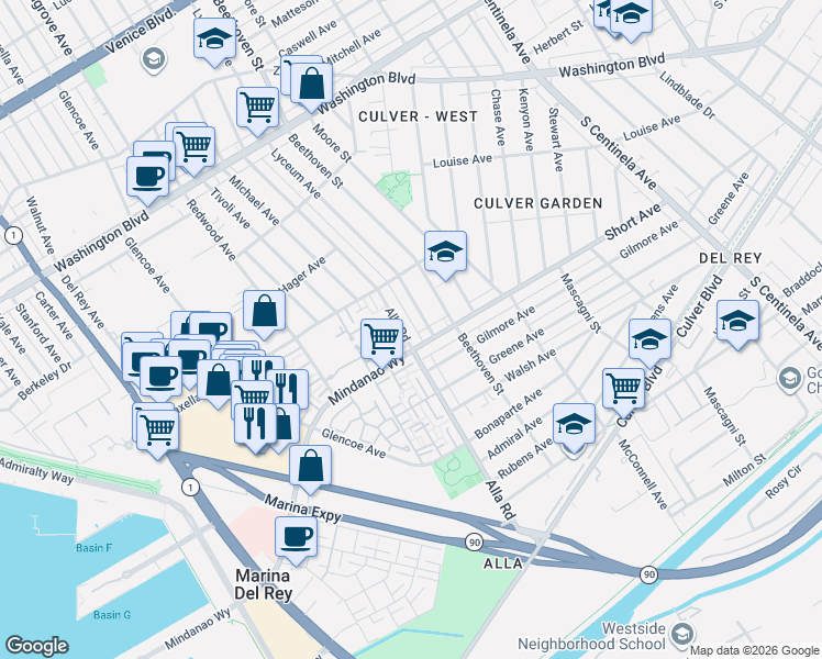 map of restaurants, bars, coffee shops, grocery stores, and more near in Los Angeles
