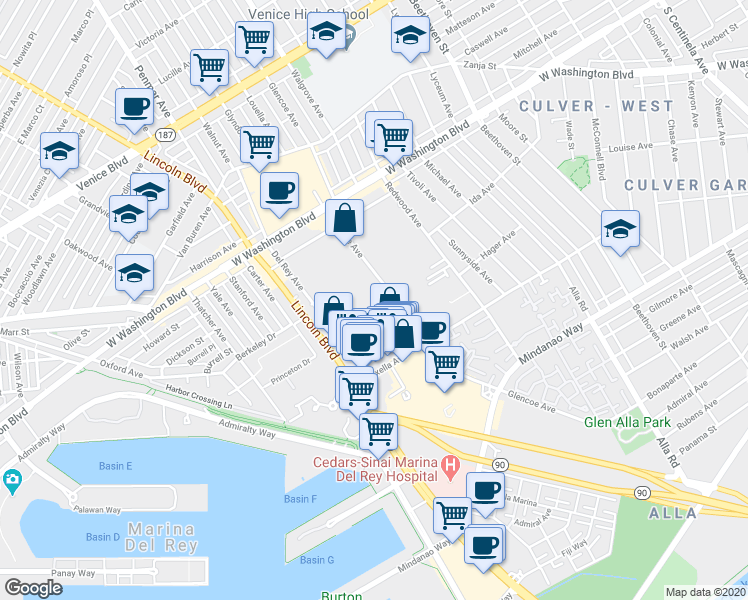 map of restaurants, bars, coffee shops, grocery stores, and more near 4131 Glencoe Avenue in Marina del Rey