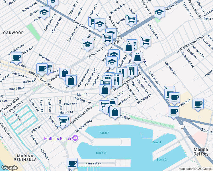map of restaurants, bars, coffee shops, grocery stores, and more near 2724 Abbot Kinney Boulevard in Los Angeles