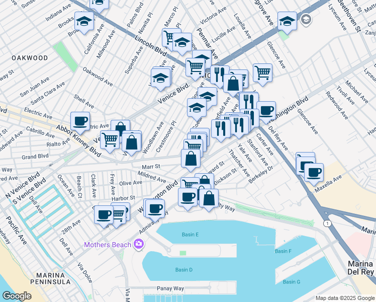map of restaurants, bars, coffee shops, grocery stores, and more near 2724 Abbot Kinney Boulevard in Los Angeles