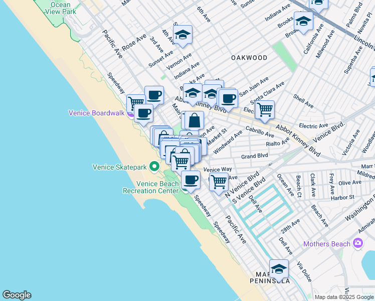 map of restaurants, bars, coffee shops, grocery stores, and more near 85 Market Street in Los Angeles
