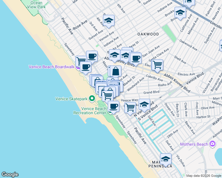 map of restaurants, bars, coffee shops, grocery stores, and more near 85 Market Street in Los Angeles