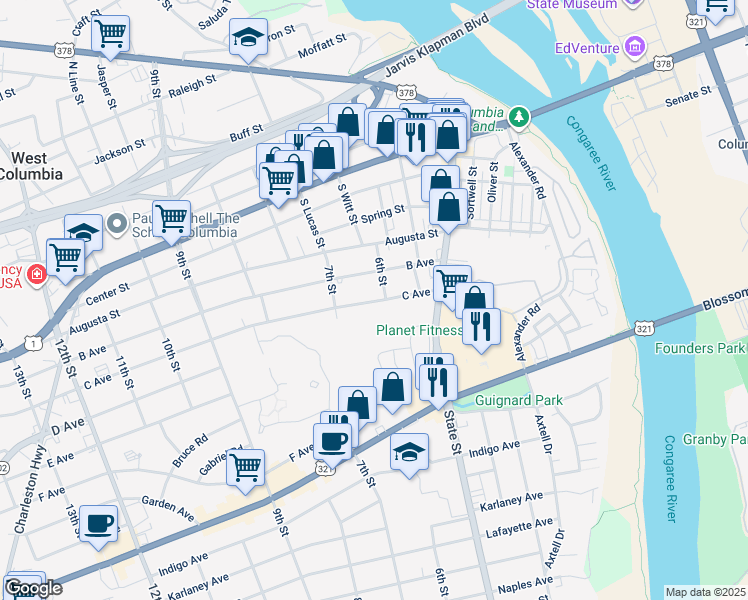map of restaurants, bars, coffee shops, grocery stores, and more near 539 C Avenue in West Columbia