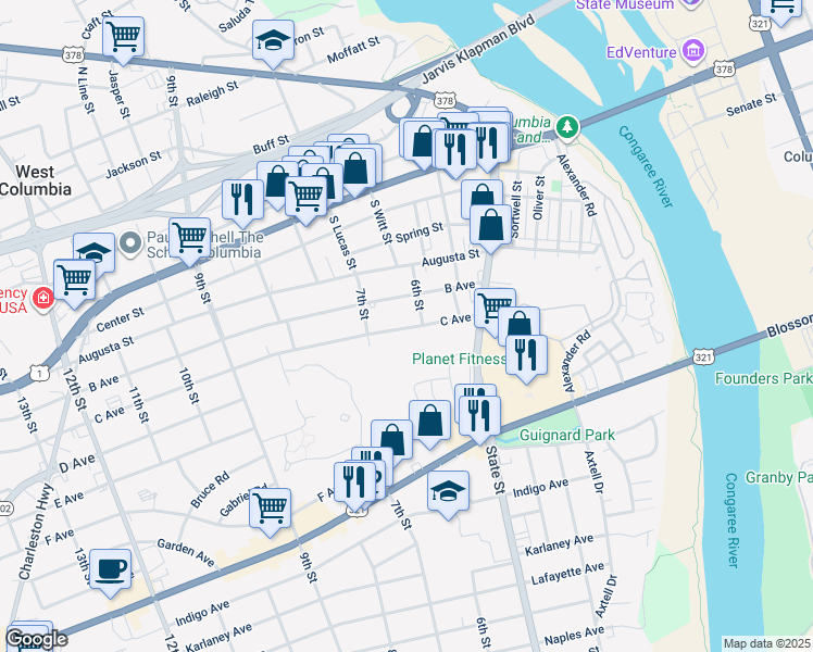 map of restaurants, bars, coffee shops, grocery stores, and more near 625 C Avenue in West Columbia