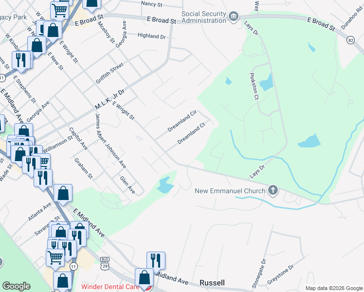 map of restaurants, bars, coffee shops, grocery stores, and more near 309 Dreamland Court in Winder