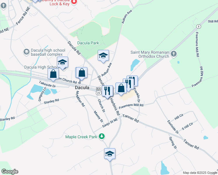 map of restaurants, bars, coffee shops, grocery stores, and more near 2605 Winder Highway in Dacula