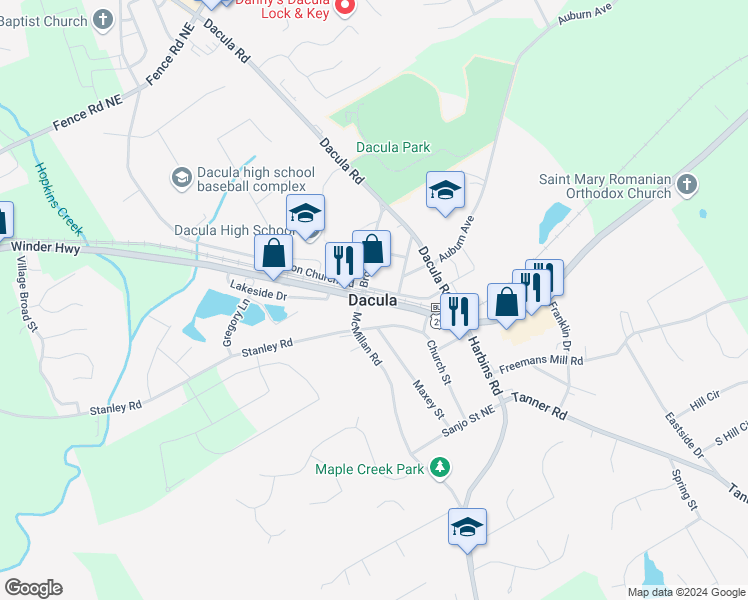 map of restaurants, bars, coffee shops, grocery stores, and more near in Dacula