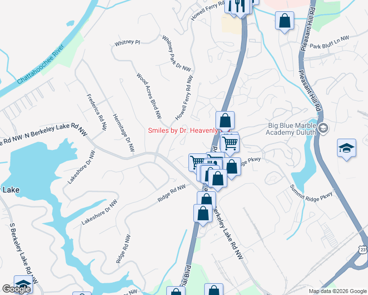 map of restaurants, bars, coffee shops, grocery stores, and more near 1107 Berkeley Woods Drive in Duluth