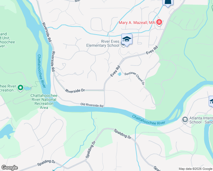 map of restaurants, bars, coffee shops, grocery stores, and more near 1607 Riverside Road in Roswell