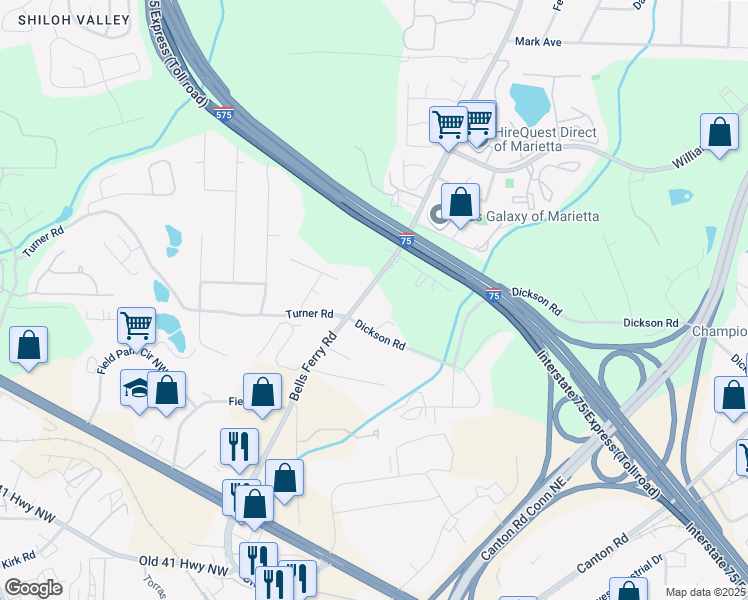 map of restaurants, bars, coffee shops, grocery stores, and more near 1540 Bells Ferry Road in Marietta