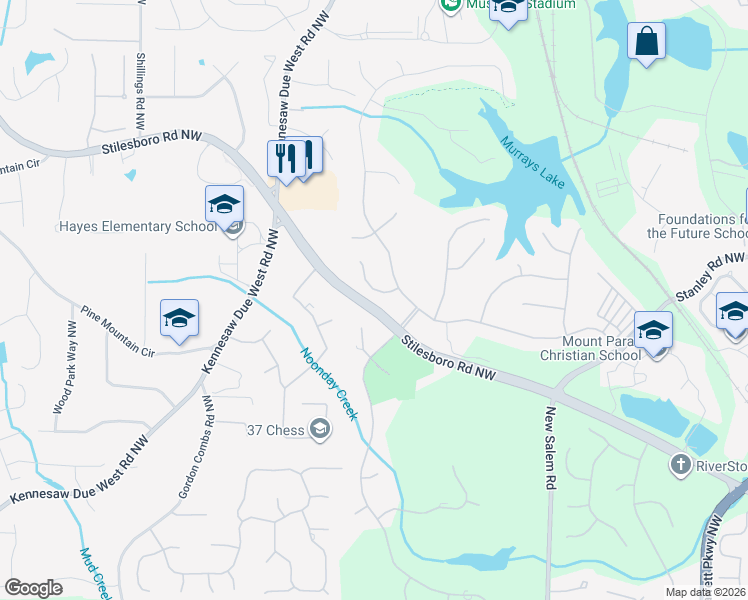 map of restaurants, bars, coffee shops, grocery stores, and more near 1341 Kilmarnock Point Northwest in Kennesaw
