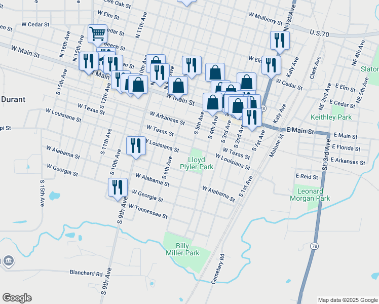 map of restaurants, bars, coffee shops, grocery stores, and more near 401 South 5th Avenue in Durant