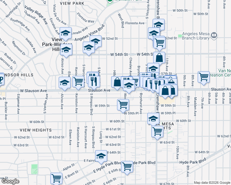 map of restaurants, bars, coffee shops, grocery stores, and more near 3638 West Slauson Avenue in Los Angeles