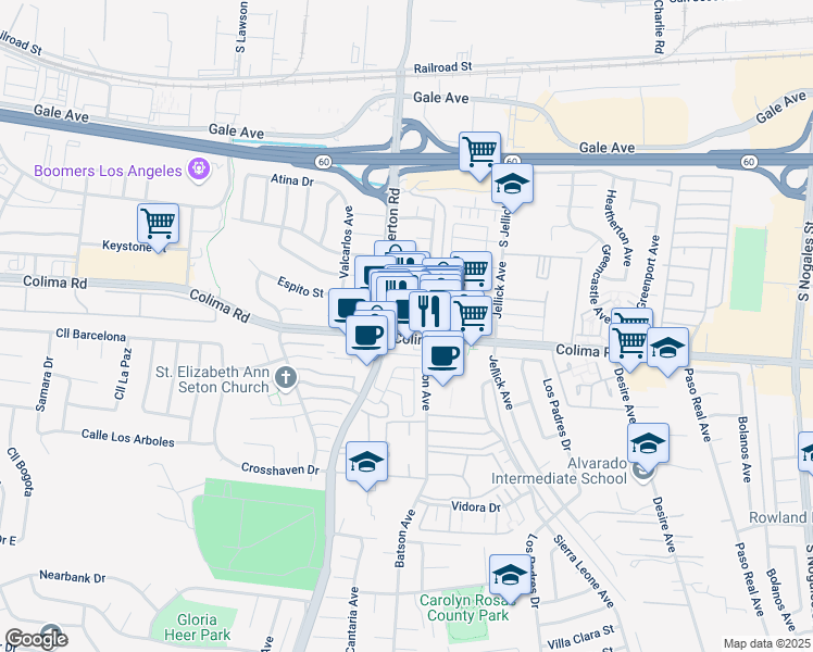 map of restaurants, bars, coffee shops, grocery stores, and more near 18351 Colima Road in Rowland Heights