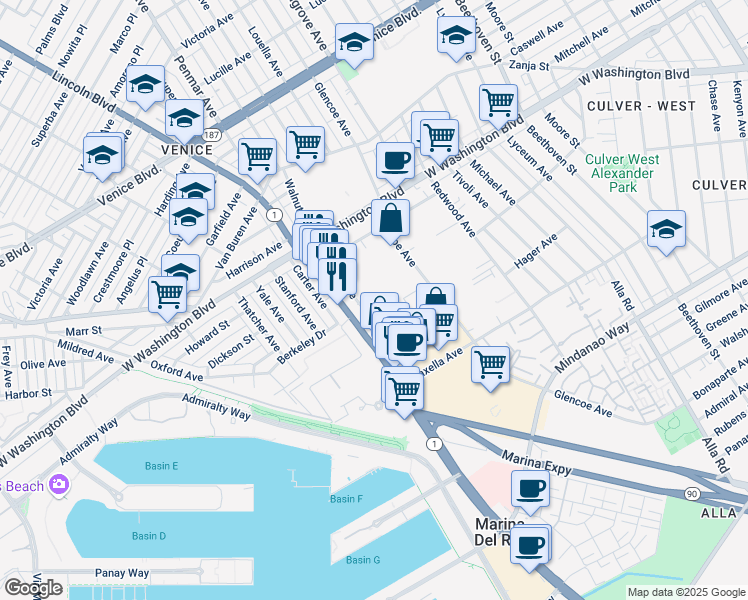 map of restaurants, bars, coffee shops, grocery stores, and more near 4100 Del Rey Avenue in Marina del Rey