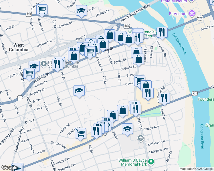 map of restaurants, bars, coffee shops, grocery stores, and more near 625 C Avenue in West Columbia