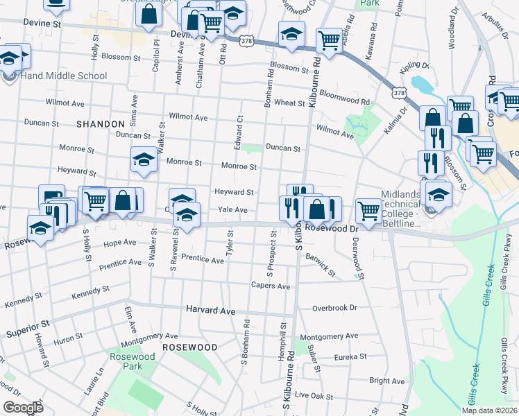 map of restaurants, bars, coffee shops, grocery stores, and more near 3600 Yale Avenue in Columbia