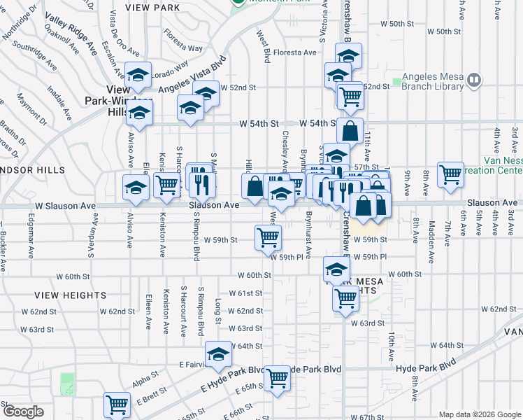 map of restaurants, bars, coffee shops, grocery stores, and more near 3620 West Slauson Avenue in Los Angeles