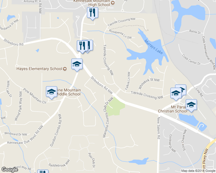 map of restaurants, bars, coffee shops, grocery stores, and more near 1341 Kilmarnock Point Northwest in Kennesaw