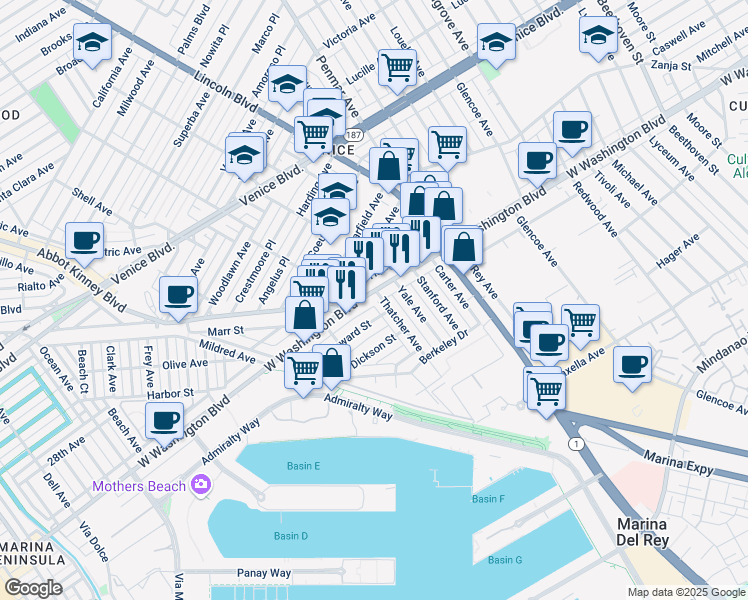 map of restaurants, bars, coffee shops, grocery stores, and more near 2921 Thatcher Avenue in Marina del Rey