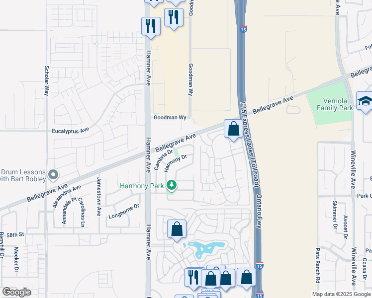 map of restaurants, bars, coffee shops, grocery stores, and more near 5426 Cambria Drive in Eastvale