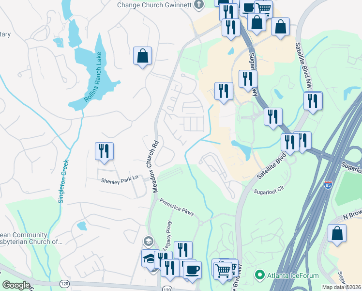 map of restaurants, bars, coffee shops, grocery stores, and more near 2300 Meadow's End in Duluth